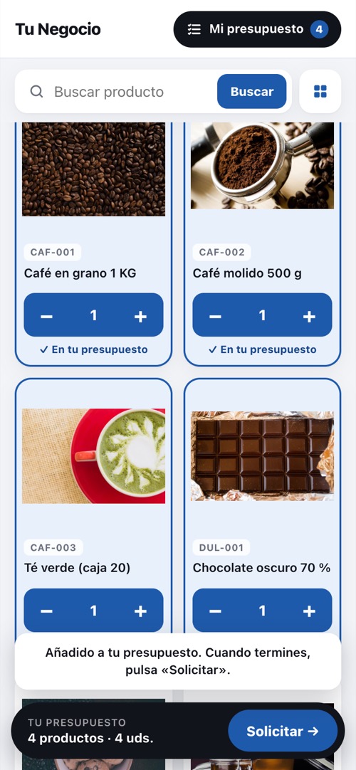 Catálogo sin precios públicos, con botones para añadir al pedido