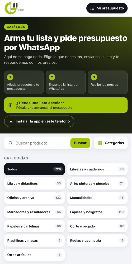 Portada del catálogo de Papelería Gino en un teléfono