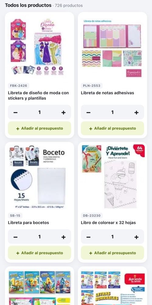 Productos del catálogo de Papelería Gino con botón para añadir al presupuesto