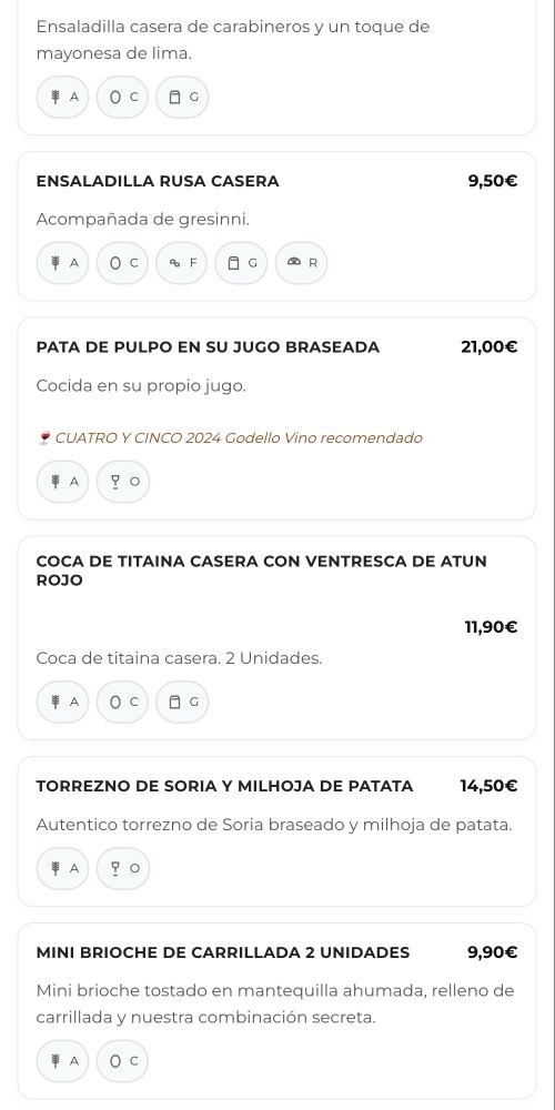 Platos de la carta de SHOCK Catarroja con precios y alérgenos